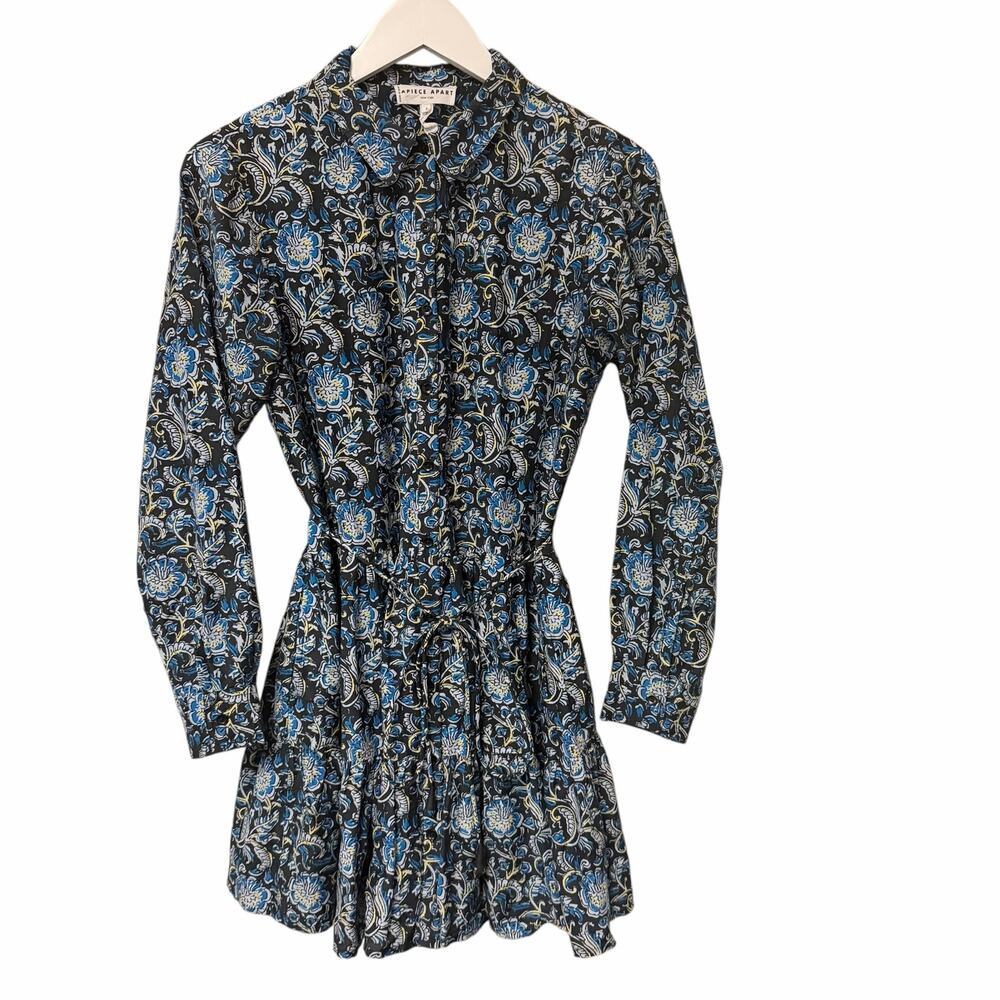 Apiece Apart Long Sleeve Shirt Dress Black Blue Yellow Floral Print Size Small